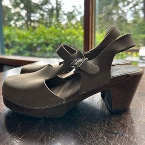 Lotta From Stockholm T Strap Leather and Wood Heels